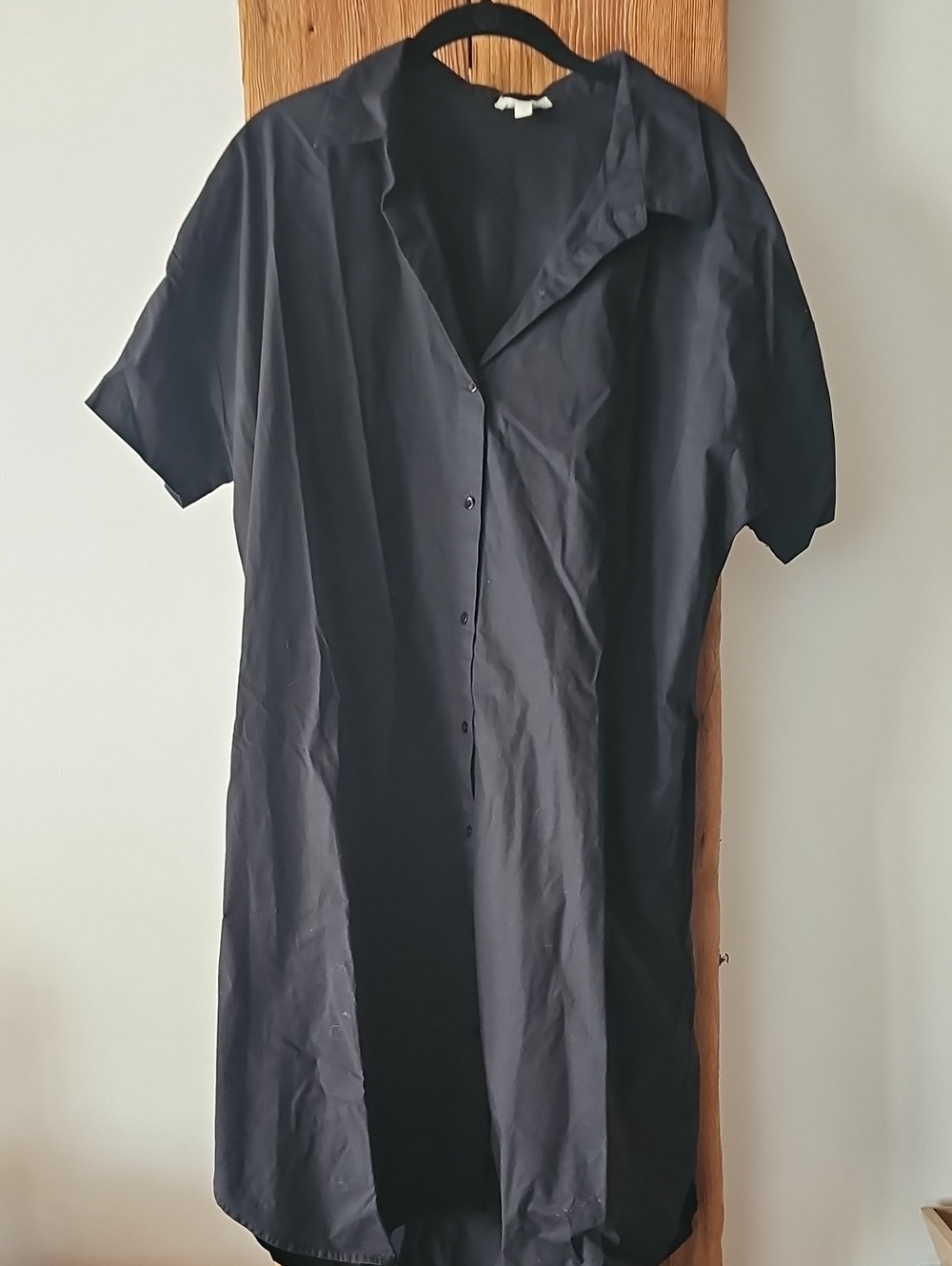 Eileen Fisher Sz L Black Short-Sleeve Button-Up Shirt Dress Midi  Cotton Pockets